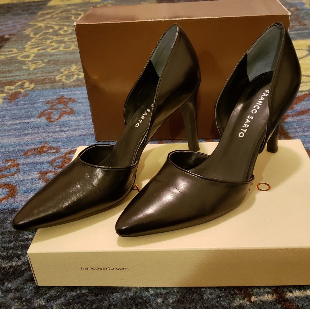 Black Leather D'orsay Heels